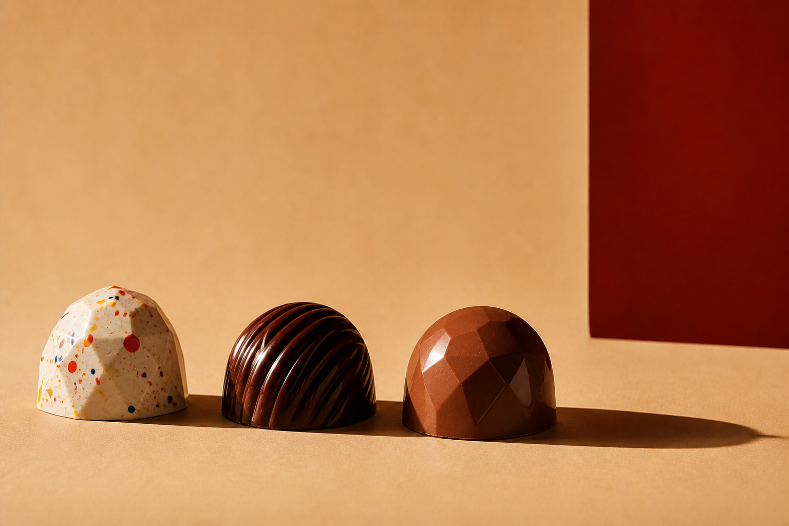 Three glossy tempered bonbons: white chocolate with colorful splashes, dark chocolate, and milk chocolate