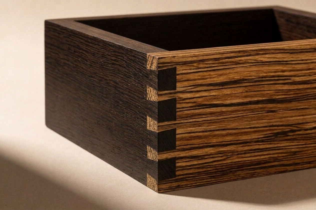 A Wenge and Zebrawood box with exposed corner joinery